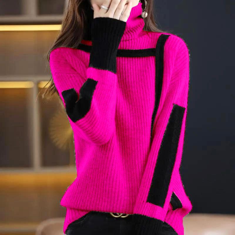 Verdickter Retro-Pullover Rollkragen Herbst und Winter Lockerer Pullover Innenstrickpullover Bottoming Top Damen 3XL rose rot von Joom DACH