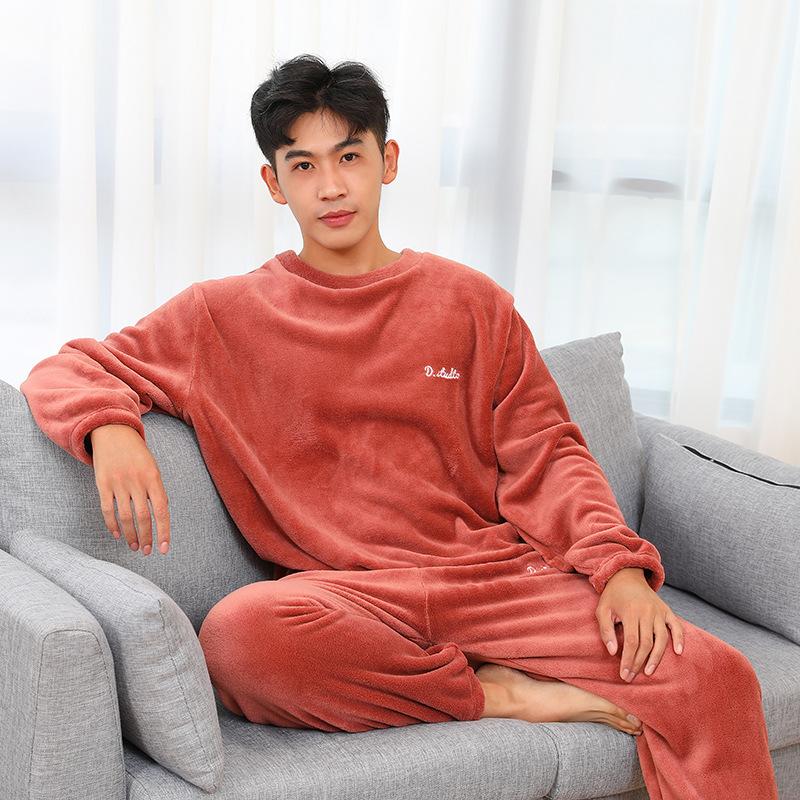 Verdickter warmer Männer-Pyjama aus Korallensamt, Herbst-Winter-Homewear, langärmelige lange Hose, solide, weiche Nachtwäsche 2-teilig/Set Paar 3XL rot von Joom DACH