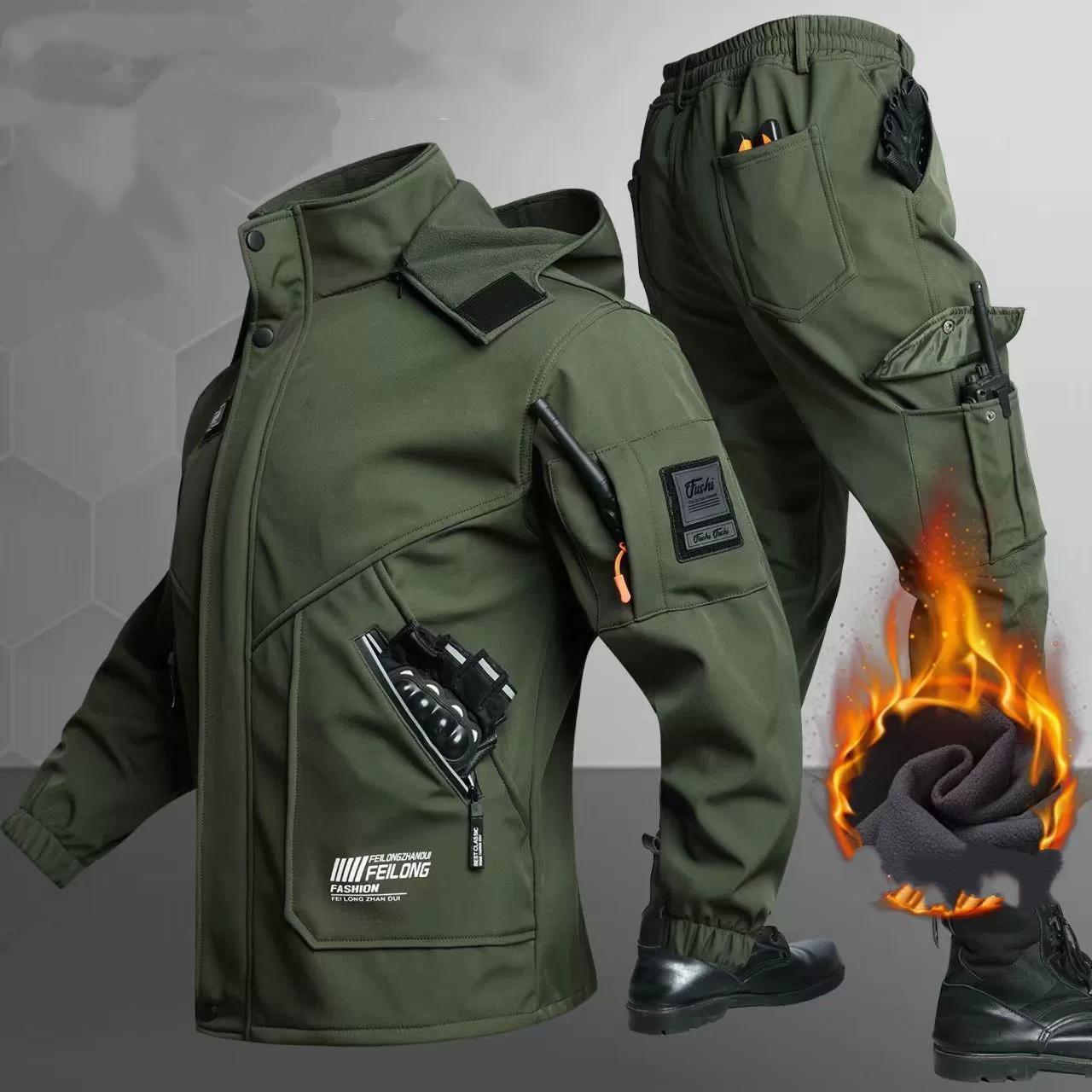 Verdicktes Fleece Winter Arbeitskleidung Herren Jacke Hosen Set Winddicht Warm Wasserdicht Verschleißfest Baustelle Uniform 170 grün von Joom DACH