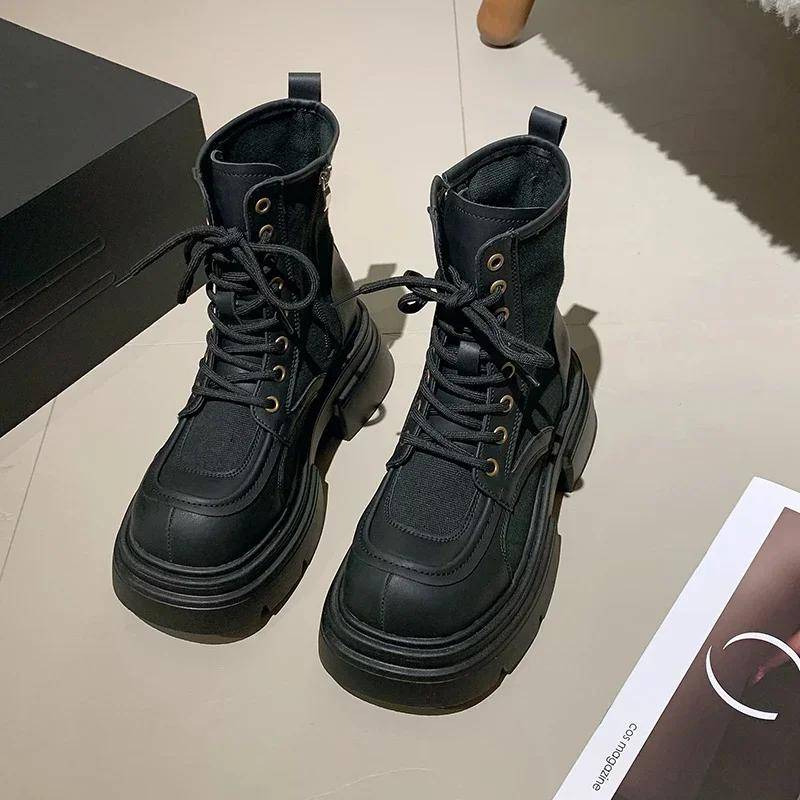 Verkäufe Winter Stiefeletten Frauen Schuhe Mode Schnürschuhe Dicke Sohle Schuhe Damen Street Style Motorrad Booties 40 schwarz von Joom DACH