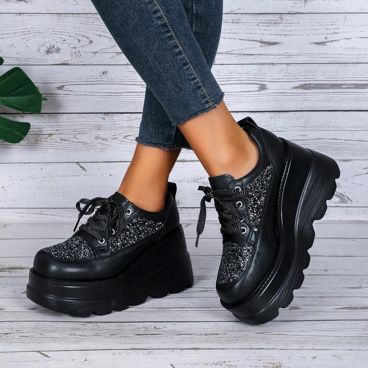 Verkäufer Herbst Neue Dicksohlige Damen Schuhe Pailletten Plateau Plateau Keilabsatz Mode Lässige Einzelne Schuhe Damen Ledp 42 schwarz von Joom DACH