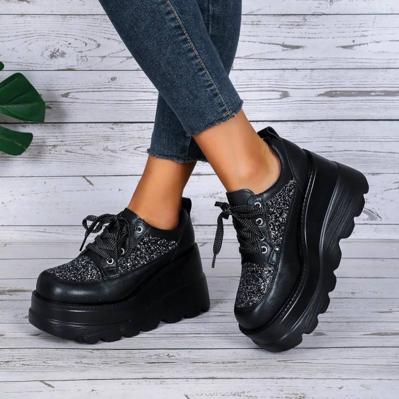 Verkäufer Herbst Neue Dicksohlige Damen Schuhe Pailletten Plateau Plateau Keilabsatz Mode Lässige Einzelne Schuhe Damen Ledp 42 schwarz von Joom DACH