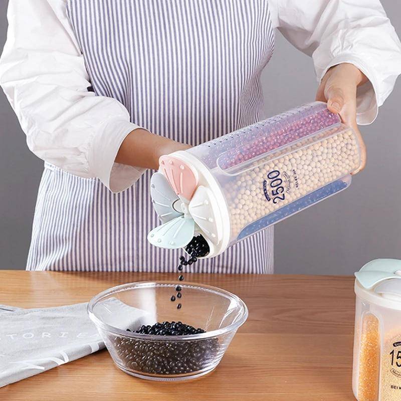 Versiegelte Aufbewahrungsbox für die Küche, Müslispender, Lebensmittelvorratstank, rotierende Becher für trockene Lebensmittel, Behälter, Mehl- und Getreidedosen-Organizer 4 grid-2000ml von Joom DACH