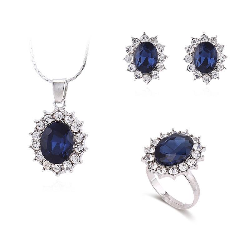 Vielseitiger, modischer, personalisierter Sonnenblumenanzug, eleganter, klassischer Flash-Diamant-Halsketten-Ohrring-Ring-Schmuckanzug für Frauen blau von Joom DACH