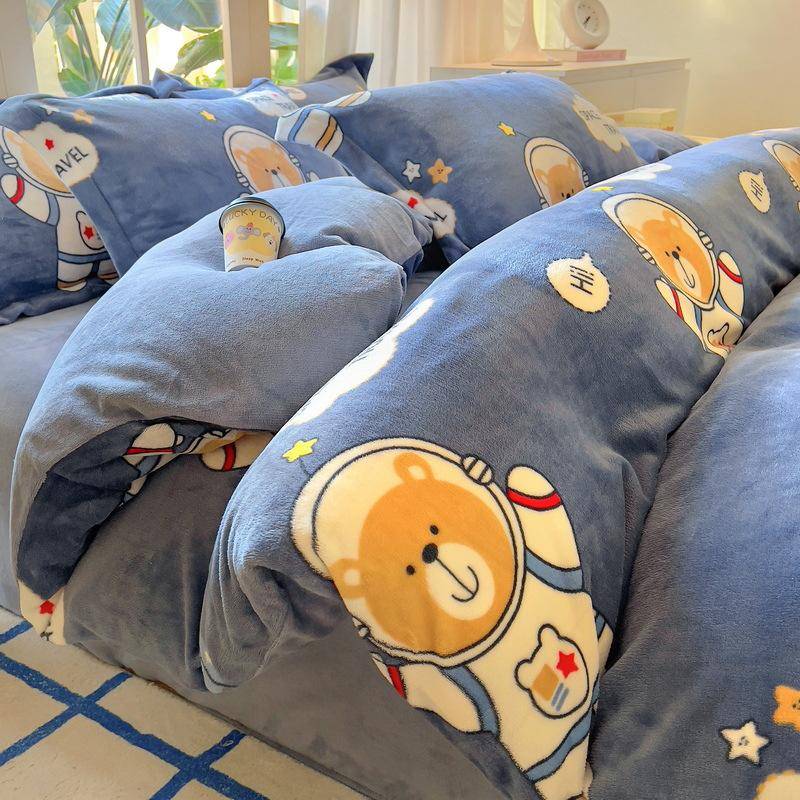 Vierteiliges Set aus verdicktem Milchvlies, warmer doppelseitiger Bettbezug aus Fleece für den Winter, dreiteiliges Set mit Bettlaken aus Fleece 1.2m bed von Joom DACH
