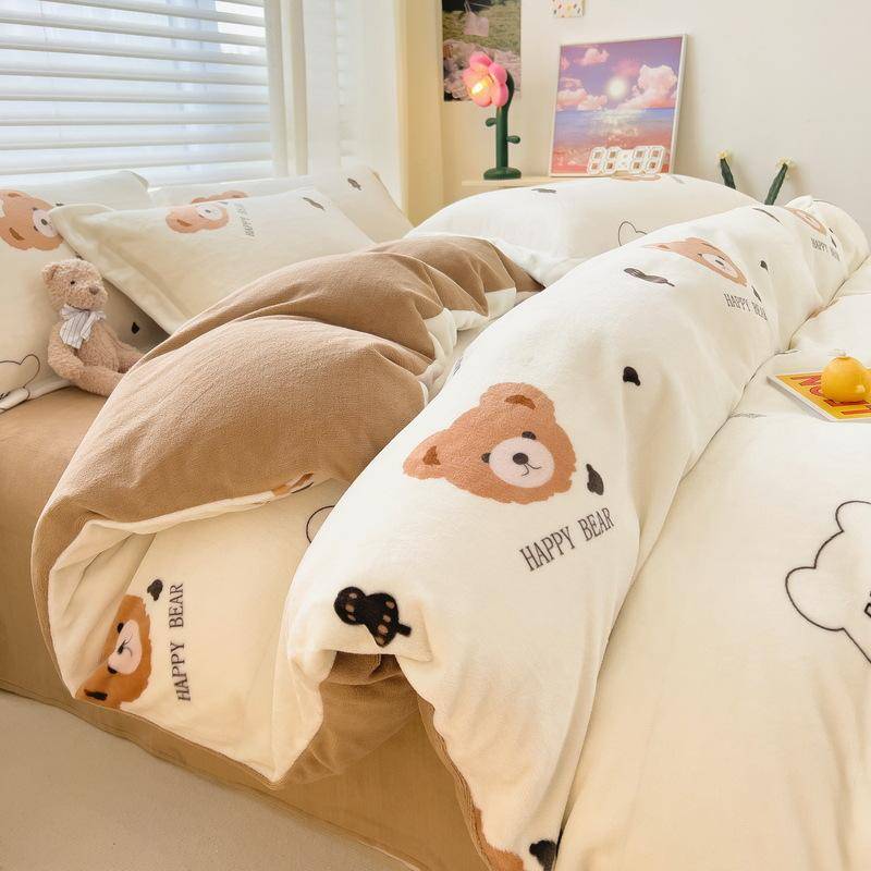 Vierteiliges Set aus verdicktem Milchvlies, warmer doppelseitiger Bettbezug aus Fleece für den Winter, dreiteiliges Set mit Bettlaken aus Fleece 2.0m bed von Joom DACH