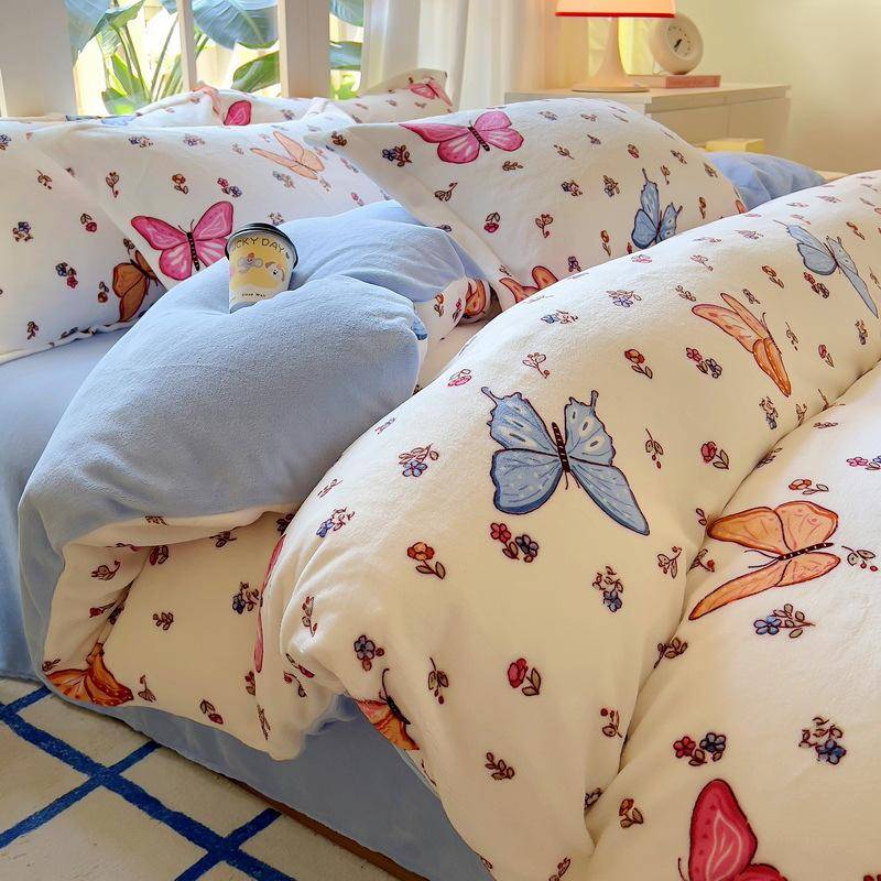 Vierteiliges Set aus verdicktem Milchvlies, warmer doppelseitiger Bettbezug aus Fleece für den Winter, dreiteiliges Set mit Bettlaken aus Fleece 2.0m bed von Joom DACH