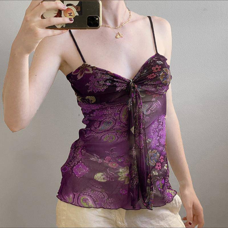 Vintage Bedrucktes Neckholder-Top Neu Französische Plissee-Träger V-Ausschnitt Temperament Spice Girl Top Unterhemd M von Joom DACH