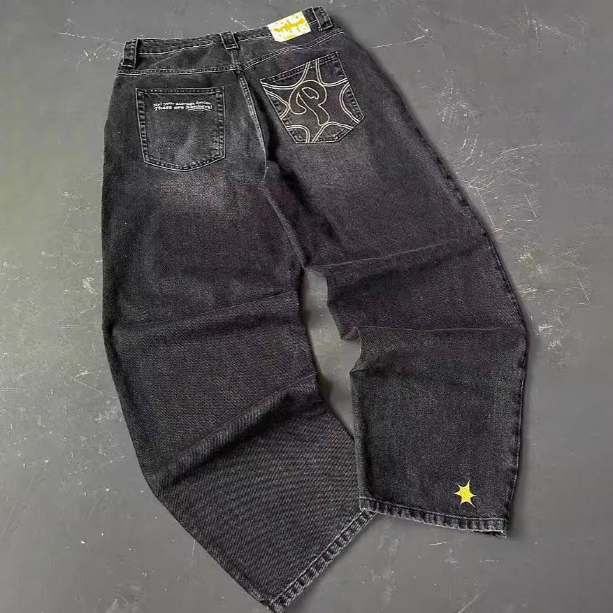 Vintage Blaue Baggy-Jeans High Waist Streetwear Jeans Y2K Herrenhose Harajuku Hip Hop Buchstabenstickerei Hose mit weitem Bein Übergröße M schwarz von Joom DACH