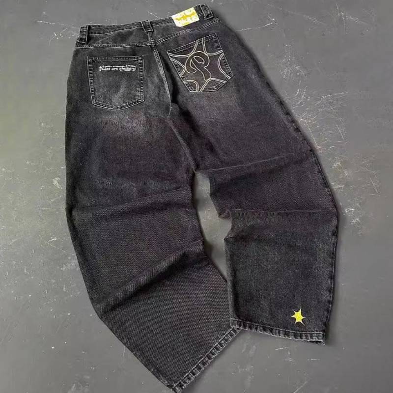 Vintage Blaue Baggy-Jeans High Waist Streetwear Jeans Y2K Herrenhose Harajuku Hip Hop Buchstabenstickerei Hose mit weitem Bein Übergröße M schwarz von Joom DACH