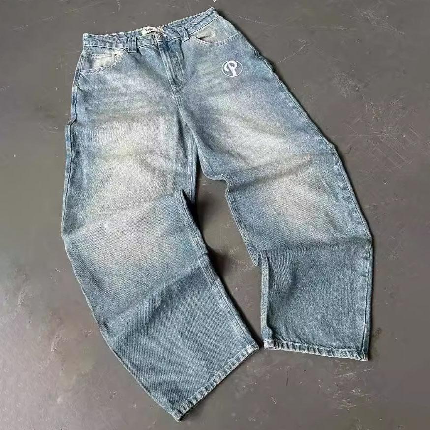 Vintage Blaue Baggy-Jeans High Waist Streetwear Jeans Y2K Herrenhose Harajuku Hip Hop Buchstabenstickerei Hose mit weitem Bein Übergröße S blau von Joom DACH