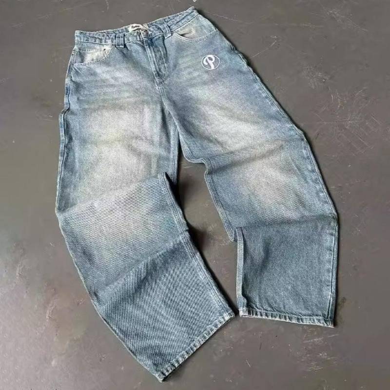 Vintage Blaue Baggy-Jeans High Waist Streetwear Jeans Y2K Herrenhose Harajuku Hip Hop Buchstabenstickerei Hose mit weitem Bein Übergröße S blau von Joom DACH