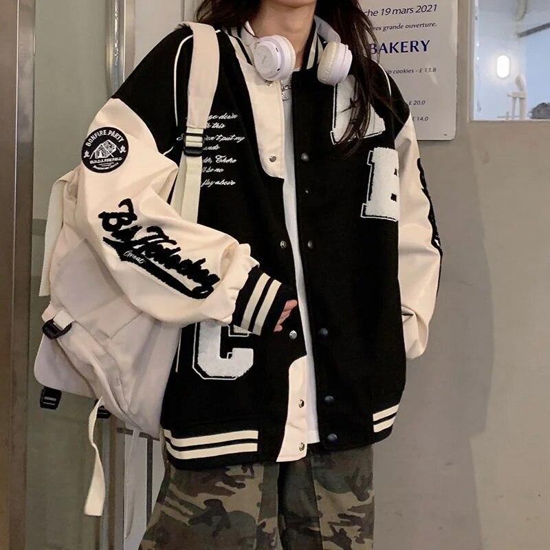 Vintage Bomberjacke Frauen Harajuku Mode College Uniform Varsity Baseball Jacken weibliche übergroße Streetwear Y2k XL schwarz Vintage Bomberjacke Frauen Harajuku Mode College Uniform Varsity Baseball Jacken weibliche übergroße Streetwear Y2k XL schwarz von Joom DACH