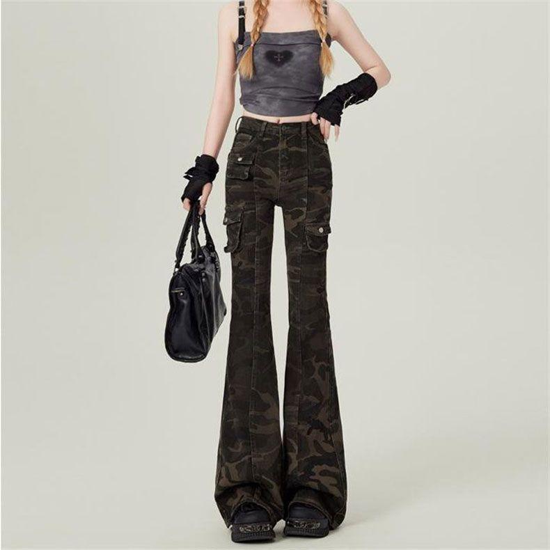 Vintage Camouflage Arbeits Micro Flare Jeans Damen Design High Waist Hosen Slim Drapey Schlepphosen Jeans für Damen Lange Denimhosen XS von Joom DACH