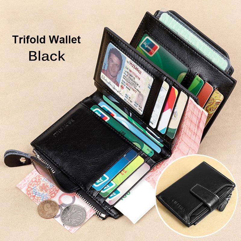 Vintage Damen-Geldbörse aus echtem Leder, RFID-blockierend, kurze Multifunktions-Geldbörse mit großer Kapazität und Reißverschluss, Geldklammer A schwarz von Joom DACH