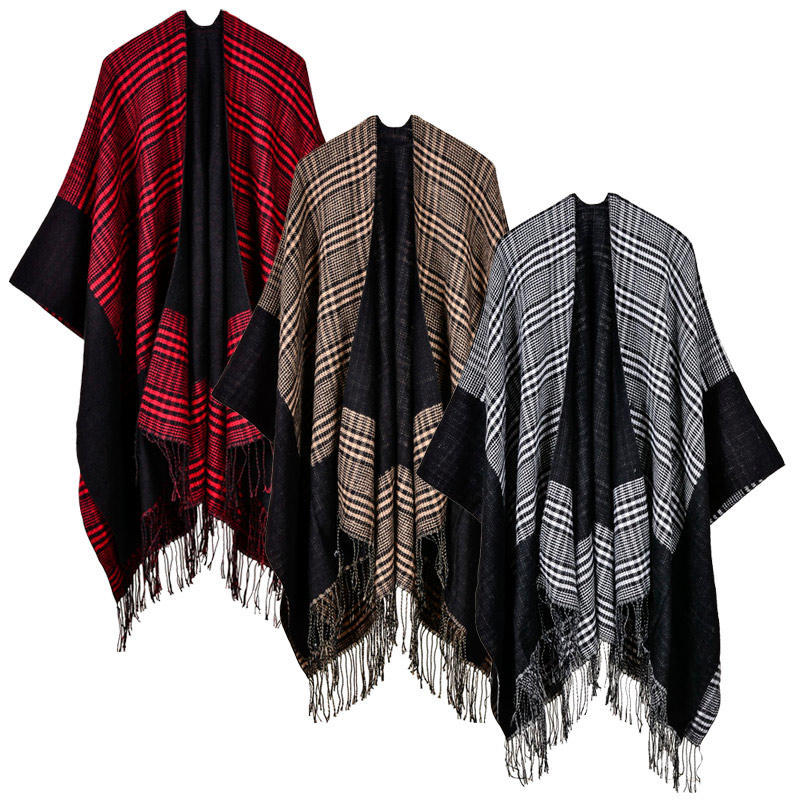 Vintage Damen Strickschal Poncho Kunstkaschmir Kariert Kariert Quaste Übergroß Warm Lang Winter Cape schwarz von Joom DACH