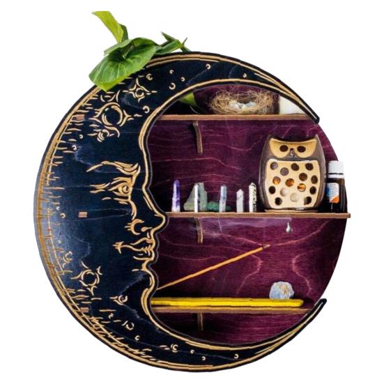 Vintage-Display-Regal, modisch, stabil, Stressabbau, Schlafzimmer, Wandbehang, Mondform, Hexen-Altar-Dekoration violett von Joom DACH