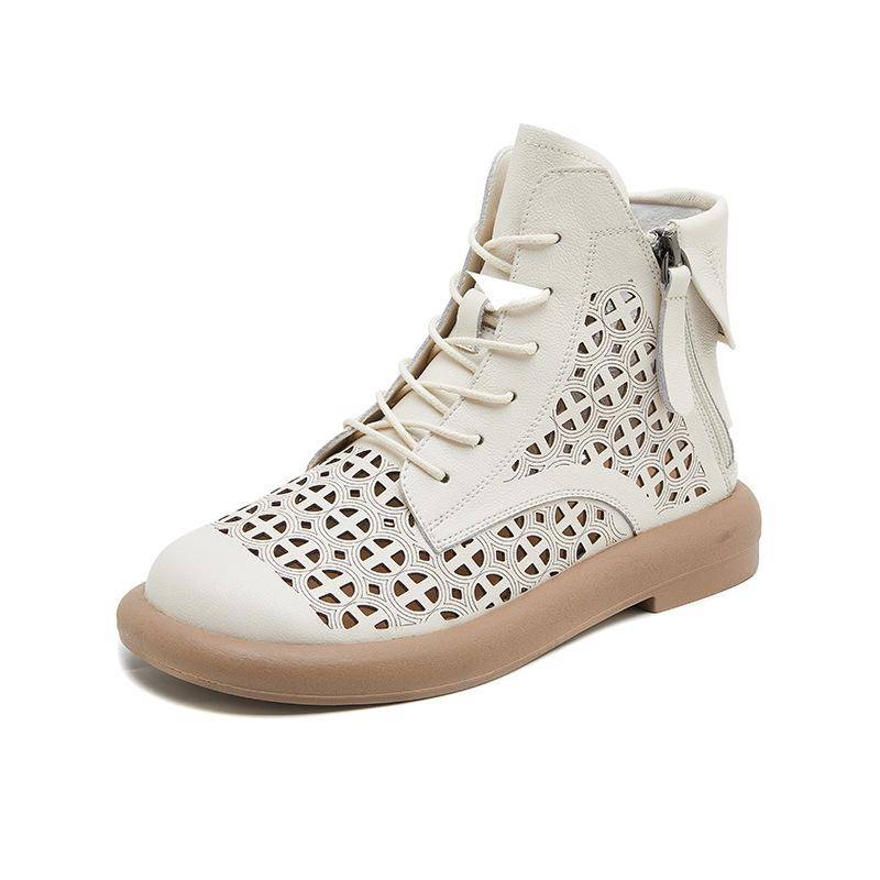 Vintage Echtes Leder Hohle Damen Plateau Doppelseitiger Reißverschluss Lässige Stiefeletten Große Größe Flache Sohle Damenschuhe 41 von Joom DACH