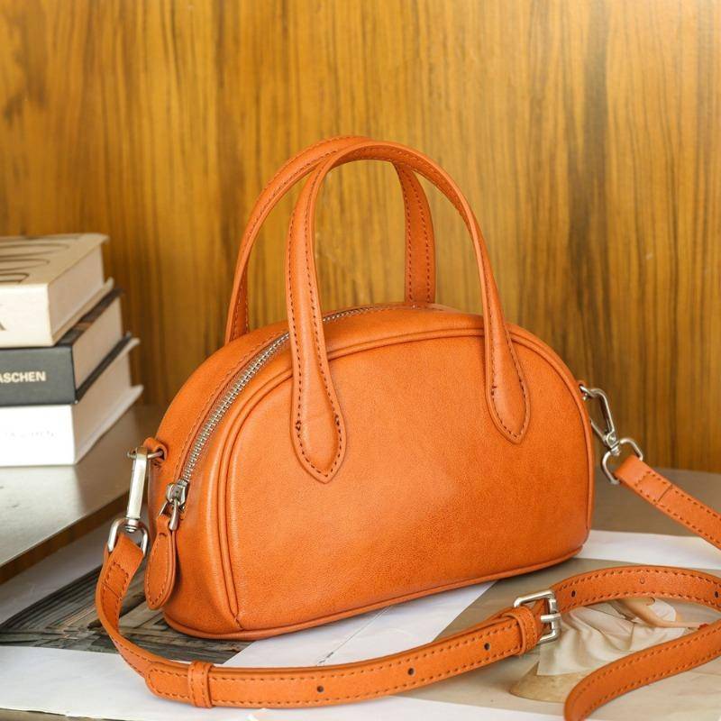 Vintage Echtleder Damen Pflanzlich gegerbtes Rindsleder Boston Bowling Bag Nische Single Shoulder Crossbody Tote von Joom DACH