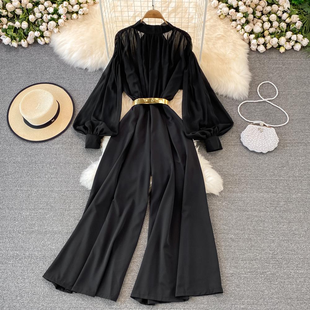 Vintage Frauen Jumpsuits Herbst Laterne Langarm Stehkragen Hohe Taille Weites Bein Drapiert Strampler Weibliche Elegante Playsuits One Size von Joom DACH