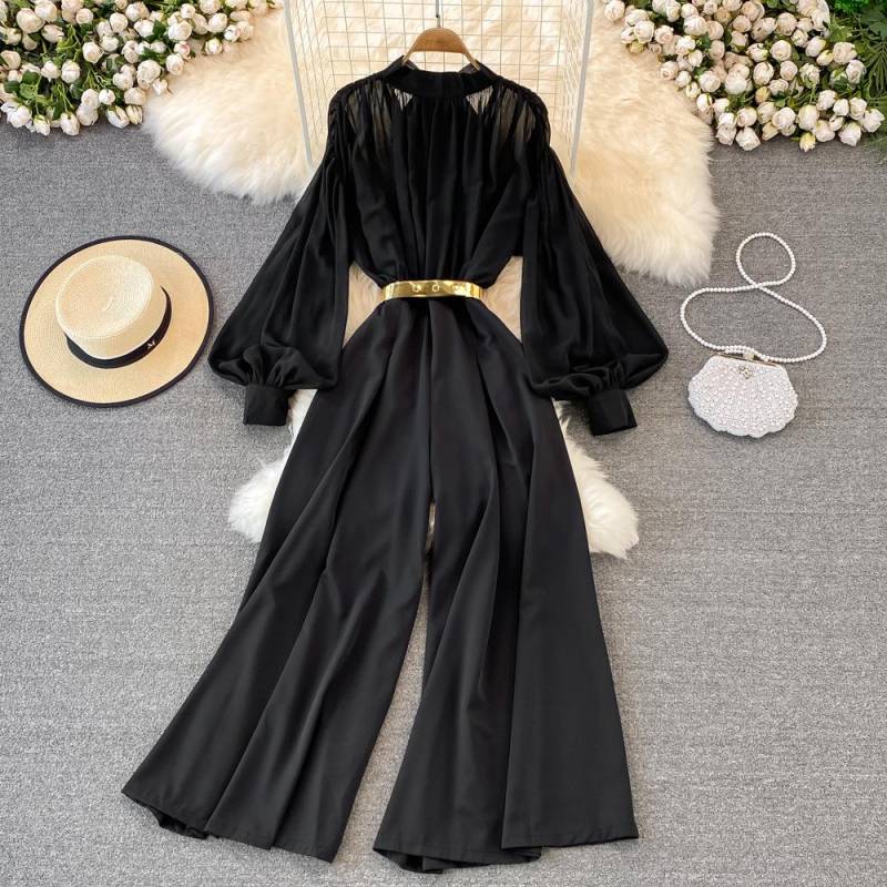 Vintage Frauen Jumpsuits Herbst Laterne Langarm Stehkragen Hohe Taille Weites Bein Drapiert Strampler Weibliche Elegante Playsuits One Size von Joom DACH