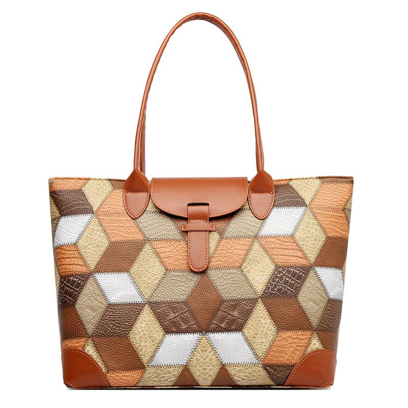 Vintage Große Kapazität Einkaufstasche Frauen Farbe Block Schulter Tasche Handtasche braun von Joom DACH