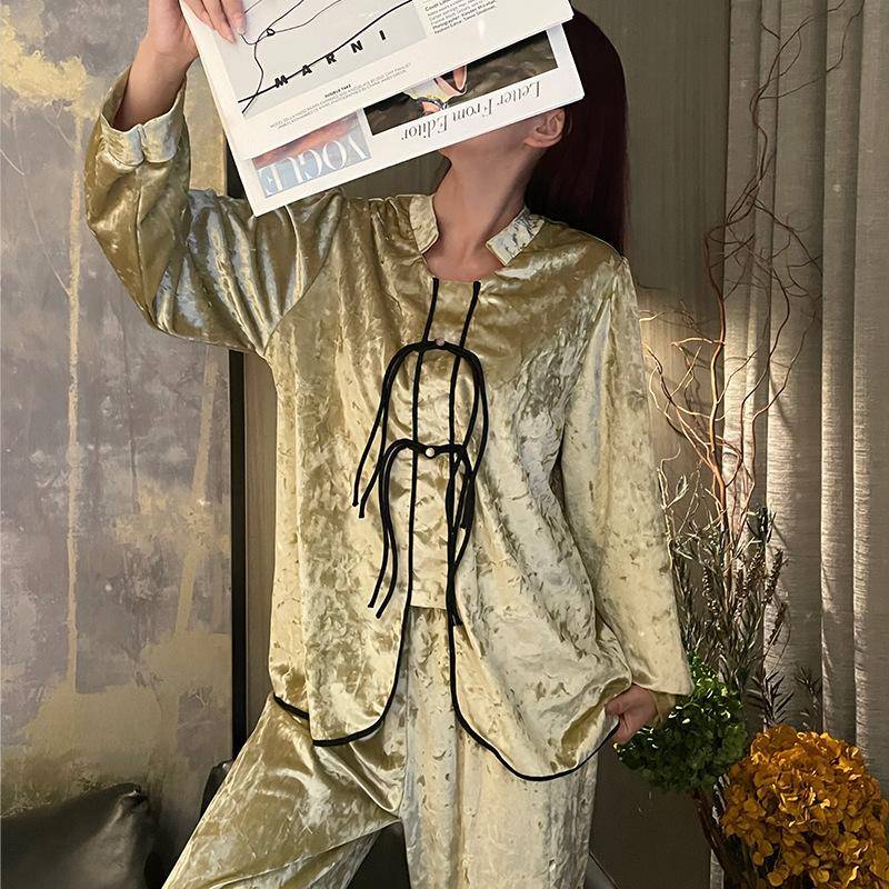 Vintage Grüne Hose Pijamas Anzug Herbst Neue Chinesische Stil Samt Pyjama Set Frauen Nachtwäsche Lose Beiläufige Hause Tragen Loungewear L grün von Joom DACH