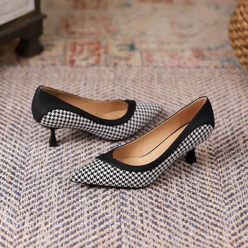 Vintage Hahnentritt Farbblock Einzelnen Schuh Frau Frauen Herbst Neue Spitz Stiletto Ferse Frau 39 von Joom DACH