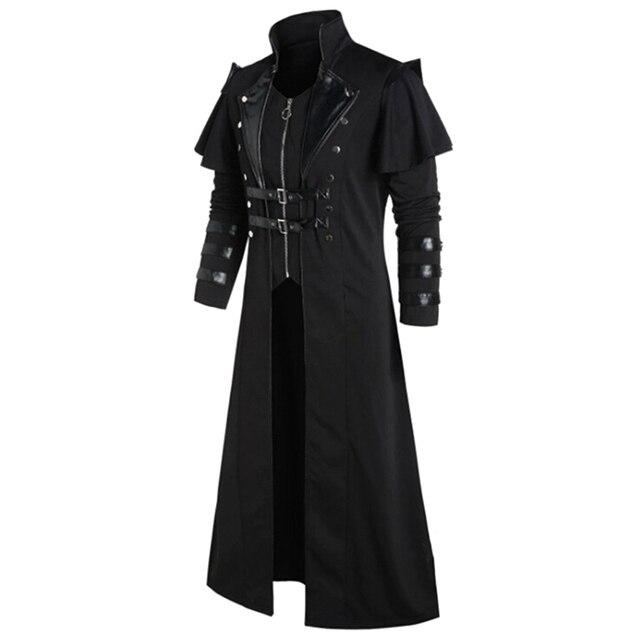 Vintage Halloween mittelalterliche Steampunk Assassin Elfen Piratenkostüm Erwachsene Männer schwarz lange geteilte Jacke Gothic Rüstung Ledermäntel XXL schwarz von Joom DACH