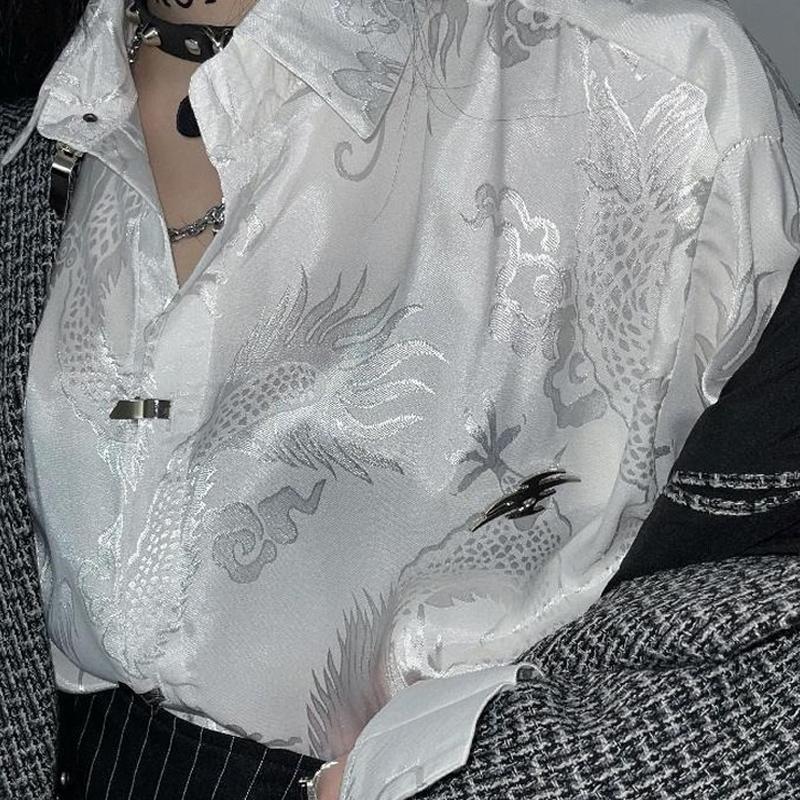 Vintage Harajuku Blusen Frauen Drachen Print Oversize Streetwear Button Up Langarm Shirts Chinesischen Stil Punk Tops Trend XL weiß von Joom DACH