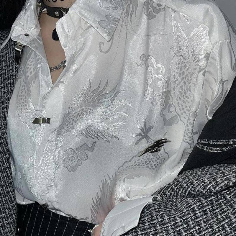 Vintage Harajuku Blusen Frauen Drachen Print Oversize Streetwear Button Up Langarm Shirts Chinesischen Stil Punk Tops Trend XL weiß von Joom DACH