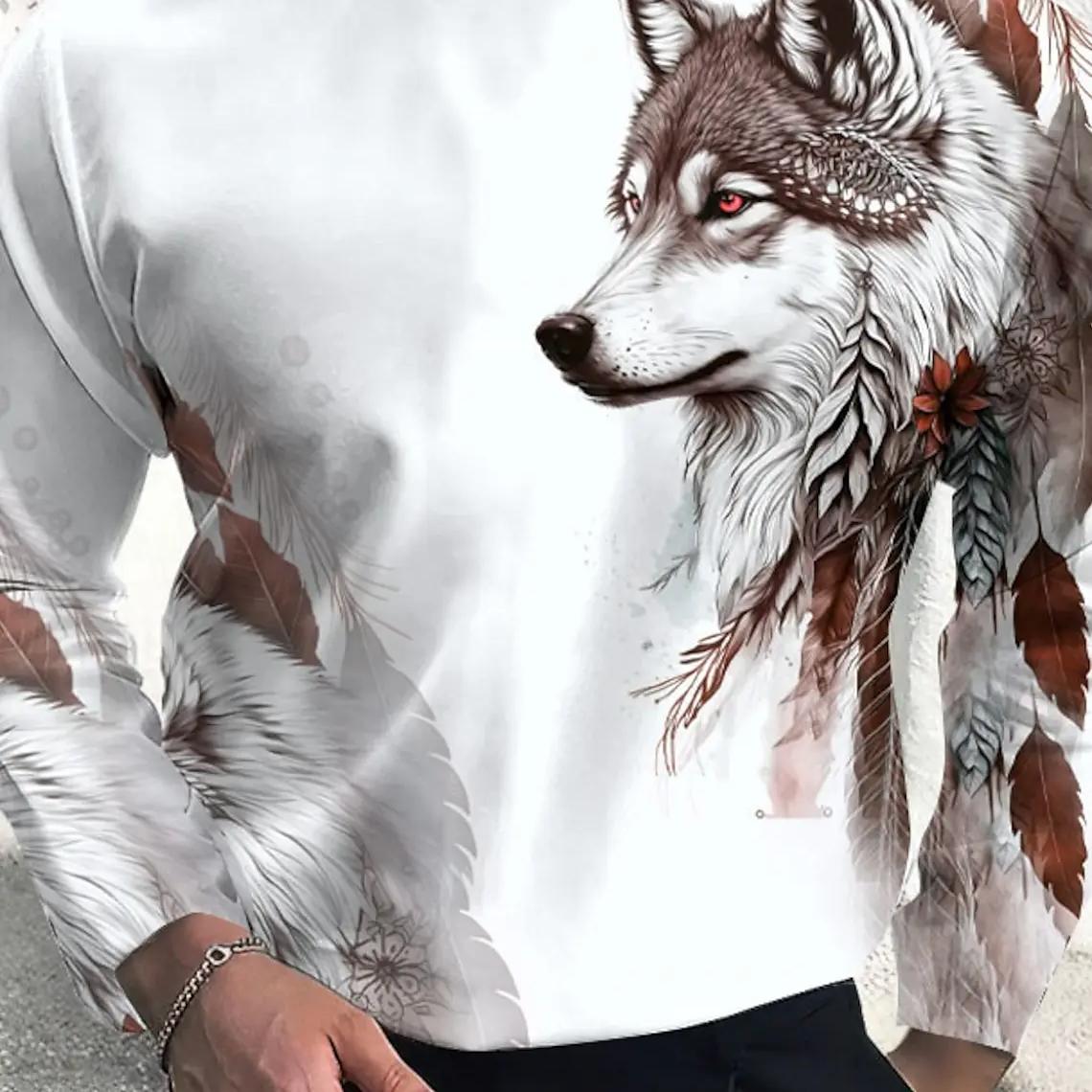 Vintage Herren Langarm T-Shirt 3D-Druck Shirts Mode Tier Wolf Grafik Kurzarm Männer Übergroße Streetwear Tops Tees 2XL von Joom DACH
