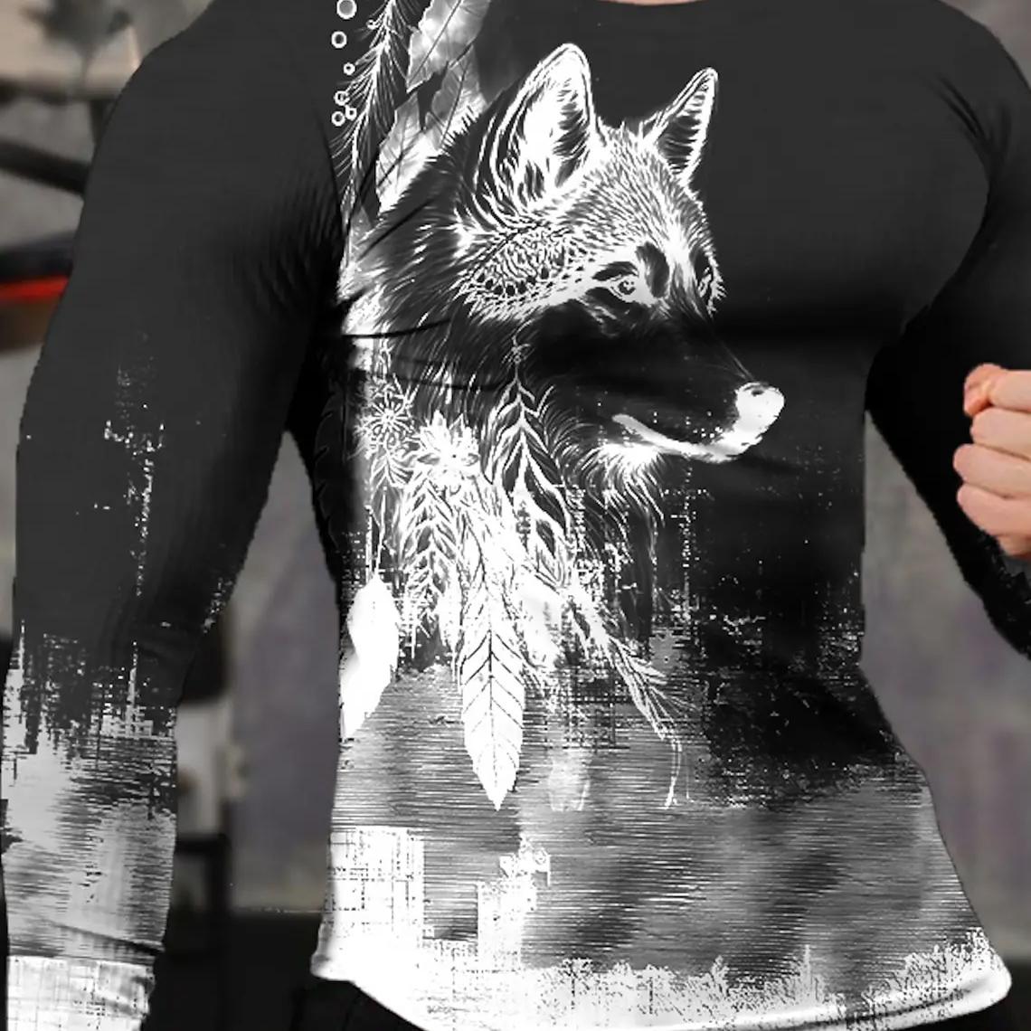 Vintage Herren Langarm T-Shirt 3D-Druck Shirts Mode Tier Wolf Grafik Kurzarm Männer Übergroße Streetwear Tops Tees 5XL von Joom DACH