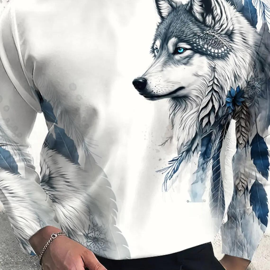 Vintage Herren Langarm T-Shirt 3D-Druck Shirts Mode Tier Wolf Grafik Kurzarm Männer Übergroße Streetwear Tops Tees 6XL von Joom DACH
