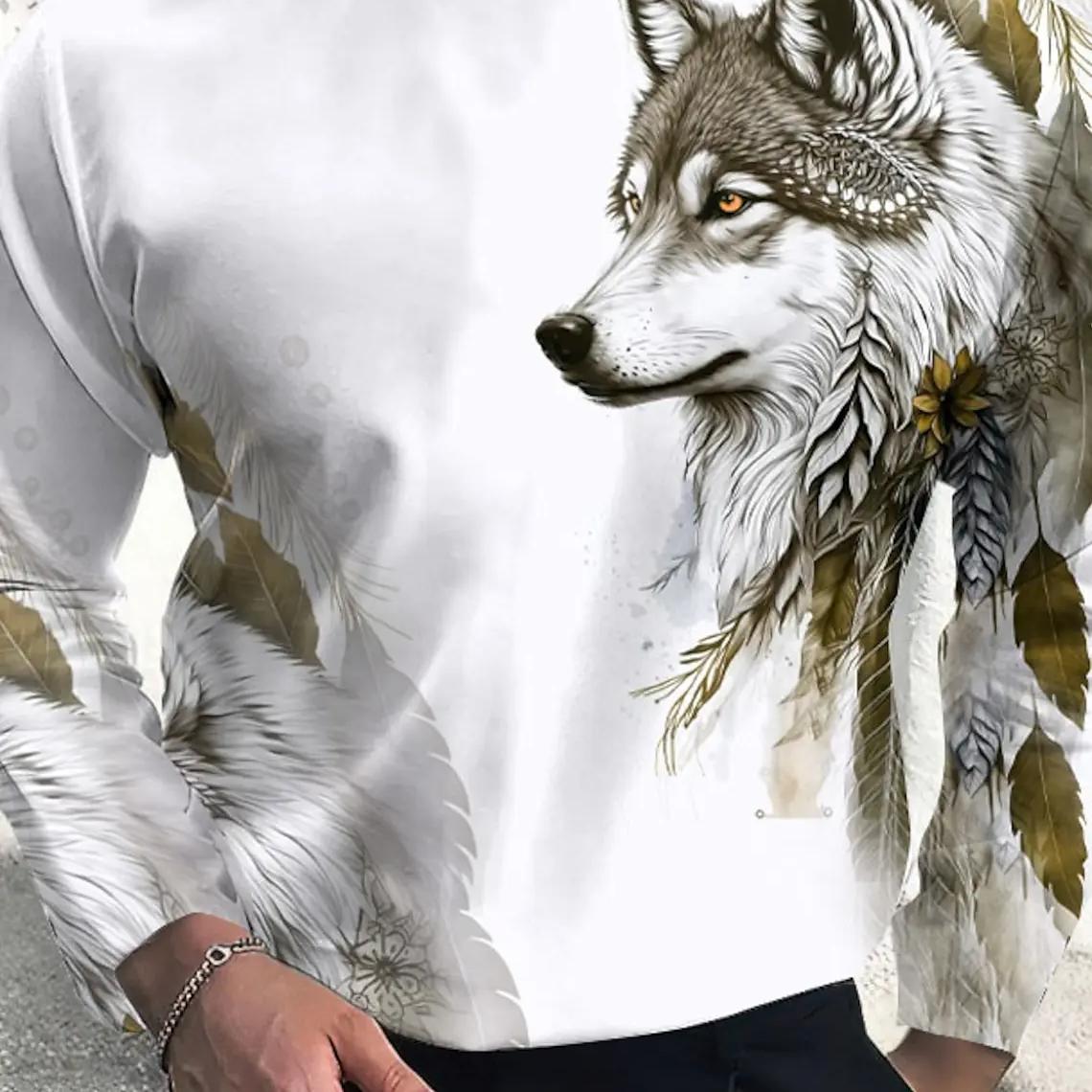 Vintage Herren Langarm T-Shirt 3D-Druck Shirts Mode Tier Wolf Grafik Kurzarm Männer Übergroße Streetwear Tops Tees 6XL von Joom DACH