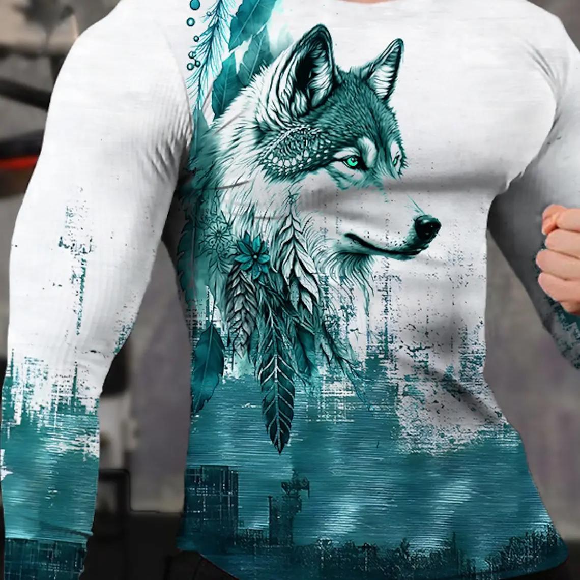 Vintage Herren Langarm T-Shirt 3D-Druck Shirts Mode Tier Wolf Grafik Kurzarm Männer Übergroße Streetwear Tops Tees L von Joom DACH