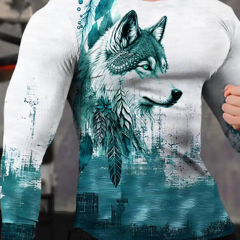 Vintage Herren Langarm T-Shirt 3D-Druck Shirts Mode Tier Wolf Grafik Kurzarm Männer Übergroße Streetwear Tops Tees L von Joom DACH