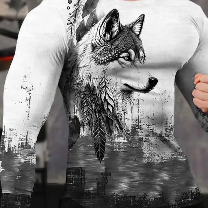 Vintage Herren Langarm T-Shirt 3D-Druck Shirts Mode Tier Wolf Grafik Kurzarm Männer Übergroße Streetwear Tops Tees L von Joom DACH