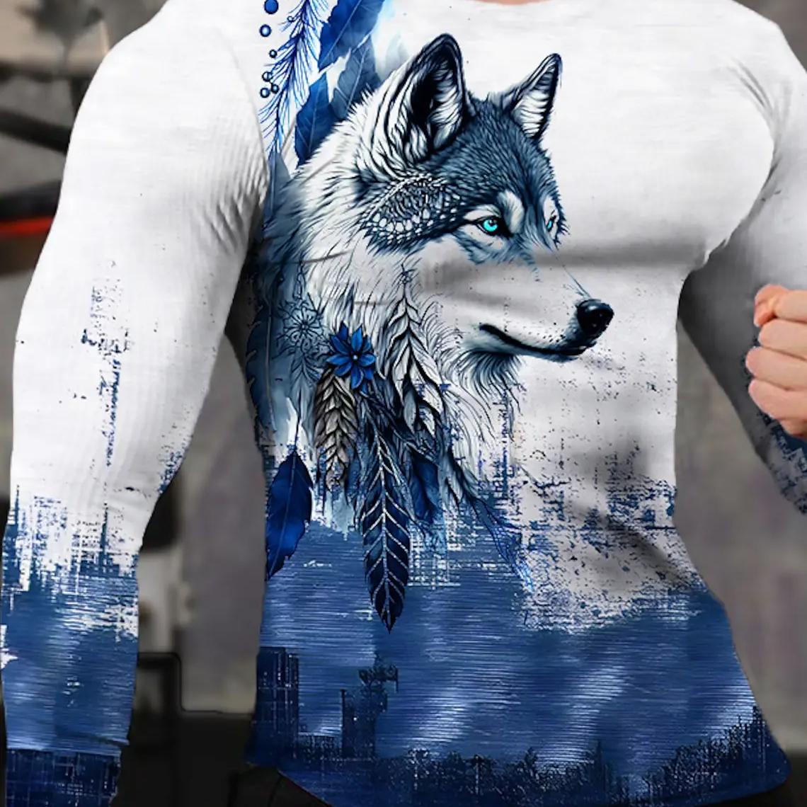 Vintage Herren Langarm T-Shirt 3D-Druck Shirts Mode Tier Wolf Grafik Kurzarm Männer Übergroße Streetwear Tops Tees L von Joom DACH