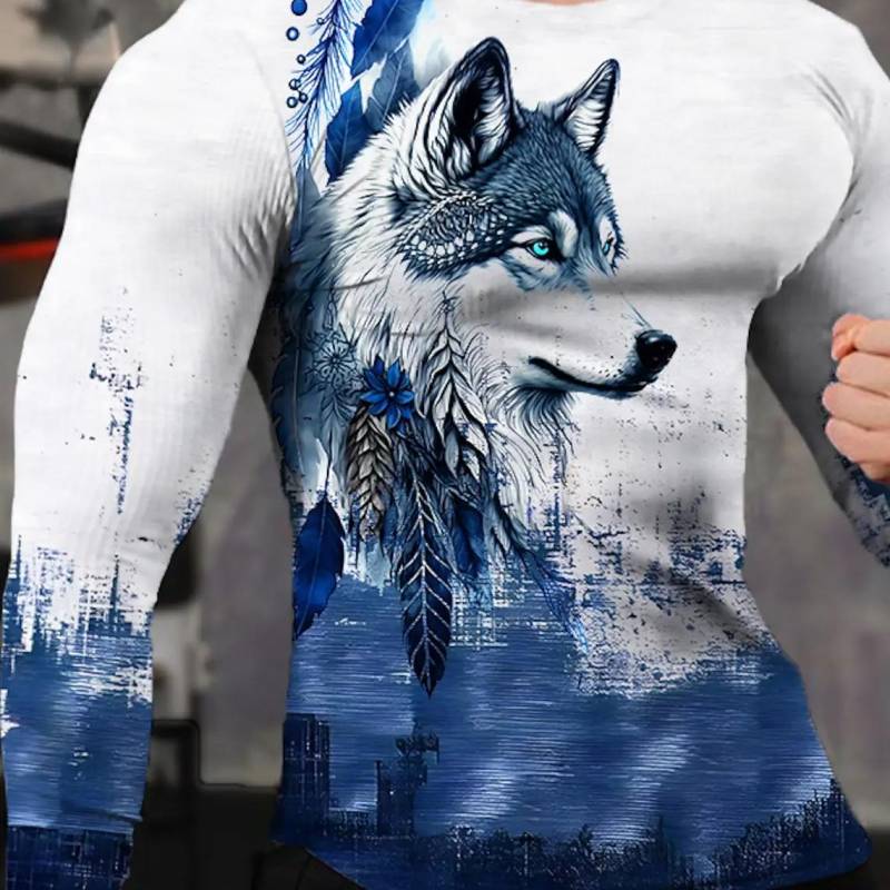 Vintage Herren Langarm T-Shirt 3D-Druck Shirts Mode Tier Wolf Grafik Kurzarm Männer Übergroße Streetwear Tops Tees L von Joom DACH