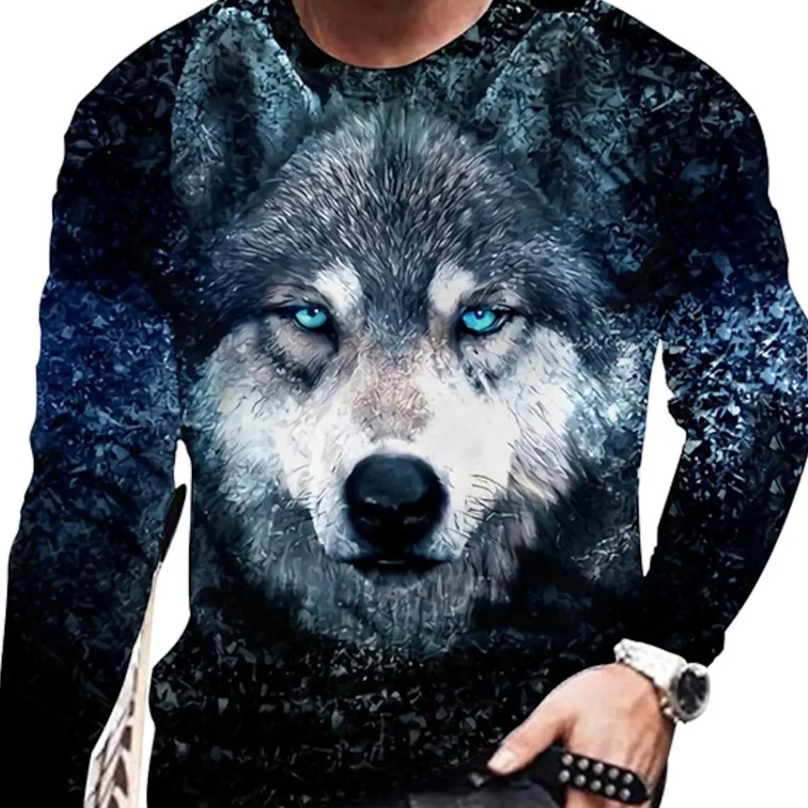 Vintage Herren Langarm T-Shirt 3D-Druck Shirts Mode Tier Wolf Grafik Kurzarm Männer Übergroße Streetwear Tops Tees M von Joom DACH