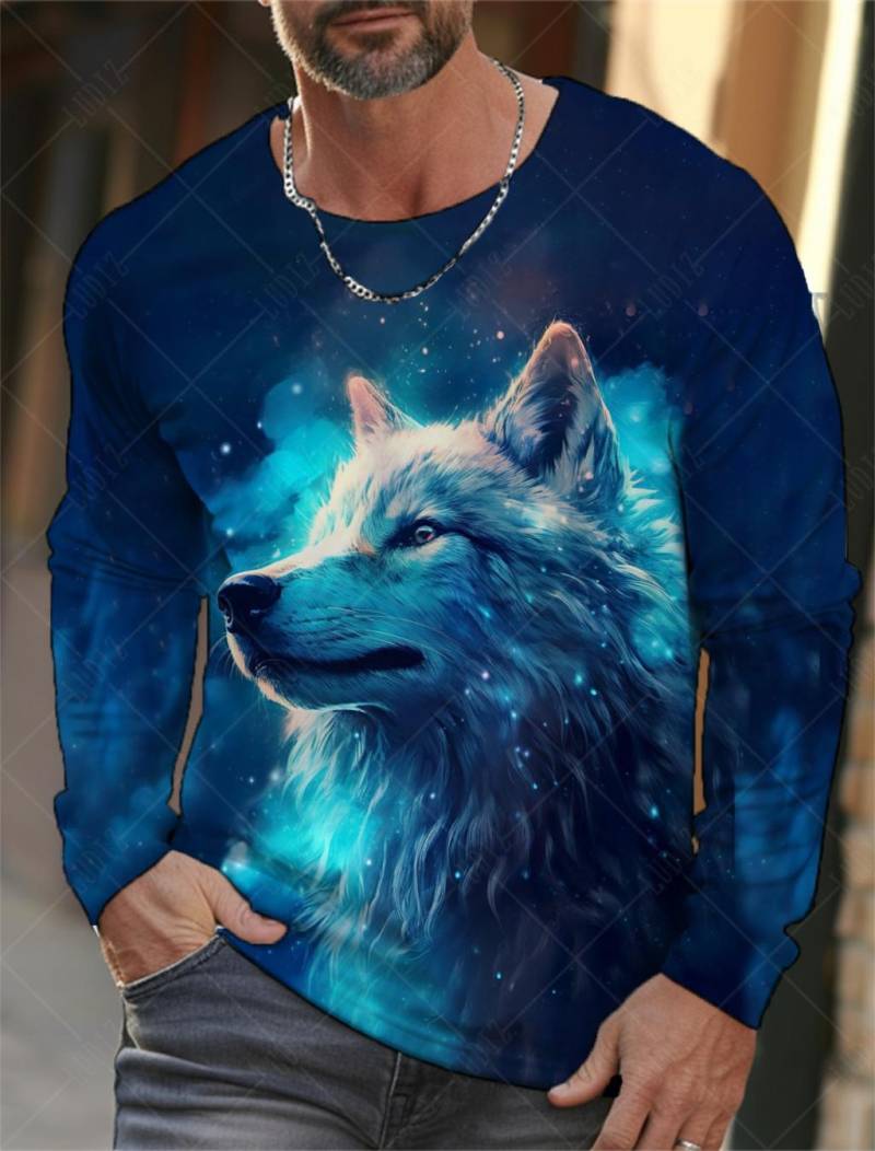 Vintage Herren Langarm T-Shirt 3D Print Shirts Mode Tier Wolf Grafiken Kleidung Ärmel Tops Männer Übergroße Streetwear Top L von Joom DACH