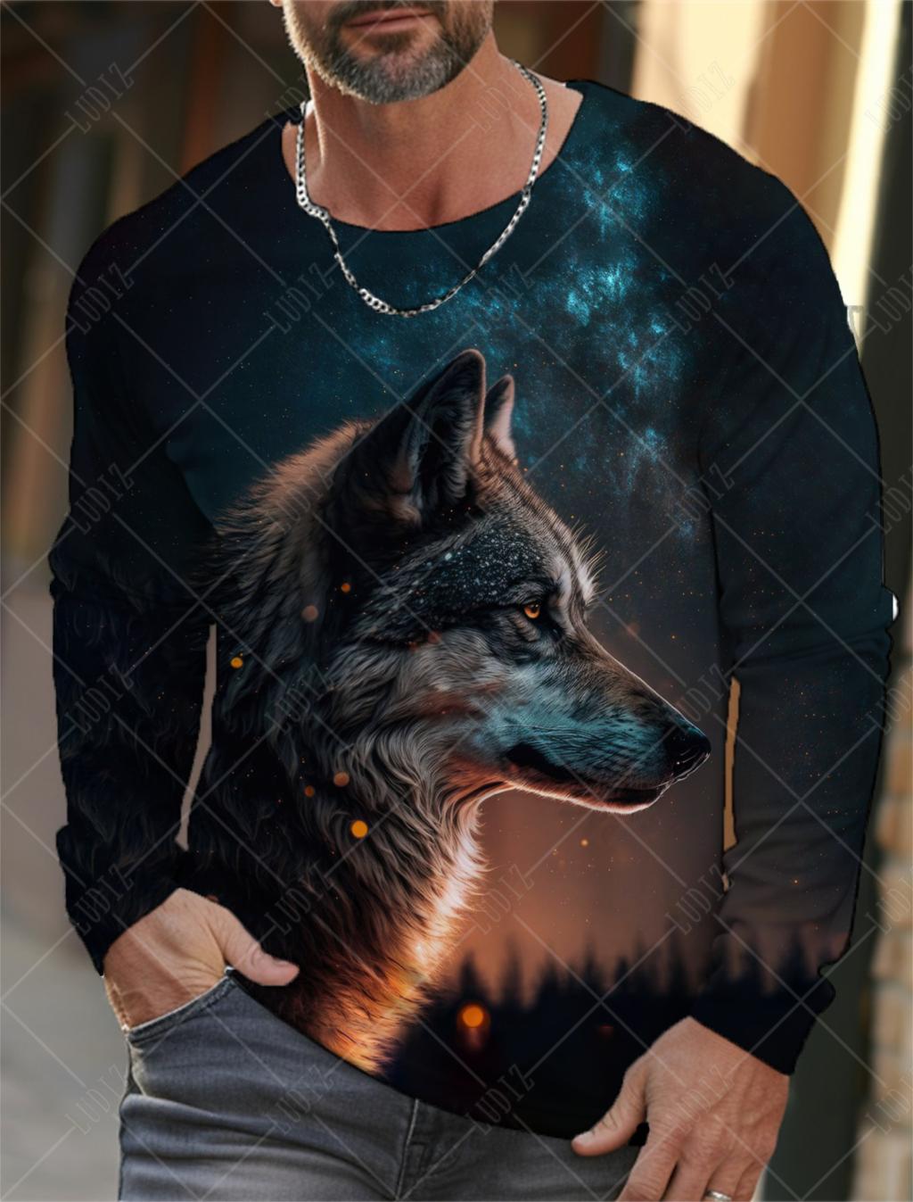 Vintage Herren Langarm T-Shirt 3D Print Shirts Mode Tier Wolf Grafiken Kleidung Ärmel Tops Männer Übergroße Streetwear Top S von Joom DACH
