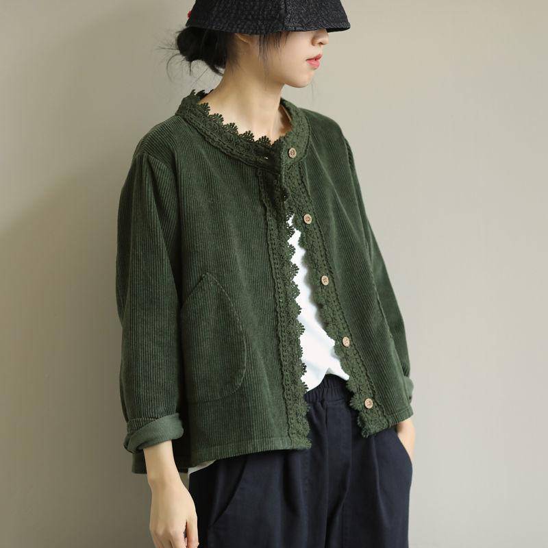 Vintage Kleidung Cord Hemd Jacke Frauen Spitze Stich Lose Herbst Damen Mantel O Neck Beiläufige Kurze Jacke XXL grün von Joom DACH