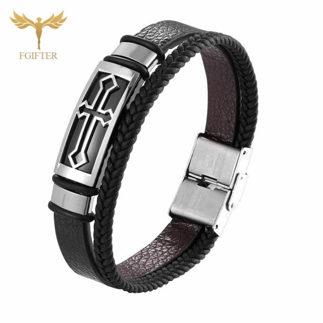 Vintage Kreuz Armband Männer Frauen Leder Doppelschichten Handschmuck Religiöse Armbänder Edelstahl Verschluss Armband 17-23 cm 17cm von Joom DACH