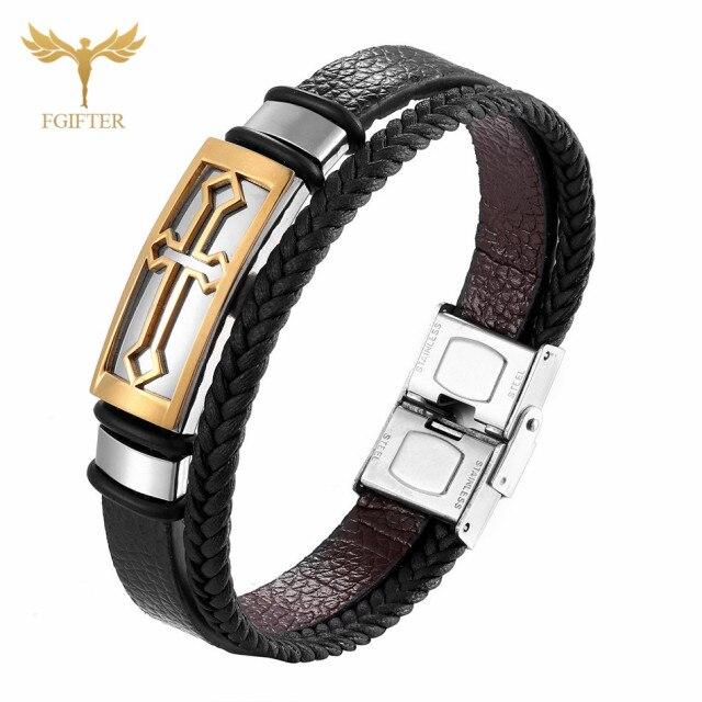 Vintage Kreuz Armband Männer Frauen Leder Doppelschichten Handschmuck Religiöse Armbänder Edelstahl Verschluss Armband 17-23 cm 23cm von Joom DACH