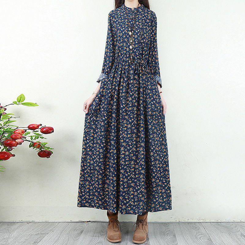 Vintage Literary Coil Button Kleines Blumenkleid Baumwollmischung Kleider Damen Frühling und Herbst Übergröße Lockerer Kordelzug Taille Unterrock 3XL navy blau von Joom DACH