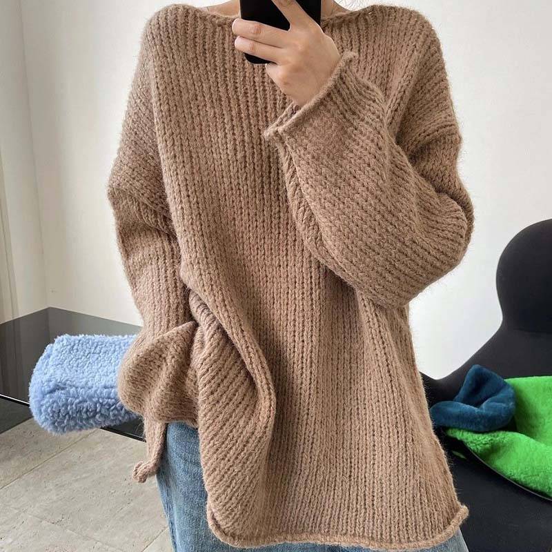 Vintage Lose Weiß Rosa Pullover Frauen Frühling Herbst Langarm Oansatz Strick Pullover Mädchen Aushöhlen Strickwaren L kaffeebraun von Joom DACH