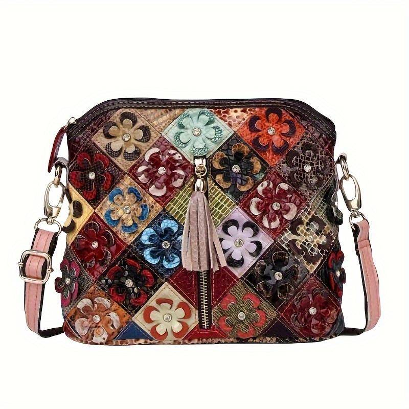 Vintage Mehrfarbige Umhängetasche für Damen mit Quaste und verstellbarem Riemen, Tasche im Retro-Stil mit Reißverschluss Vintage Mehrfarbige Umhängetasche für Damen mit Quaste und verstellbarem Riemen, Tasche im Retro-Stil mit Reißverschluss von Joom DACH
