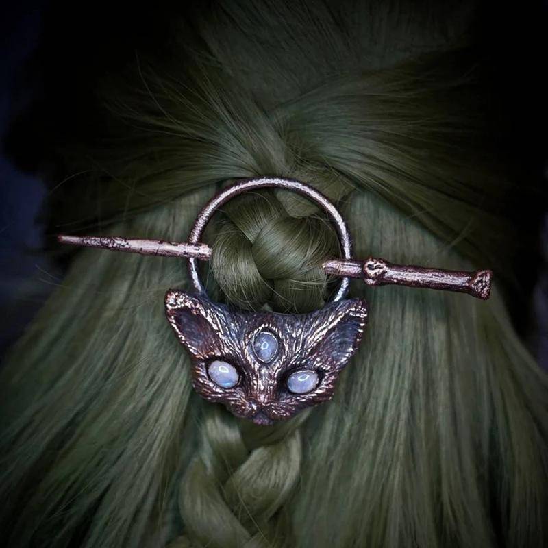 Vintage Mondstein Haarstäbchen Gothic Katzenkopf Haarstäbchen Haarspangen Persönlichkeit Haarnadeln Kopfbedeckung für Frauen Haarschmuck von Joom DACH